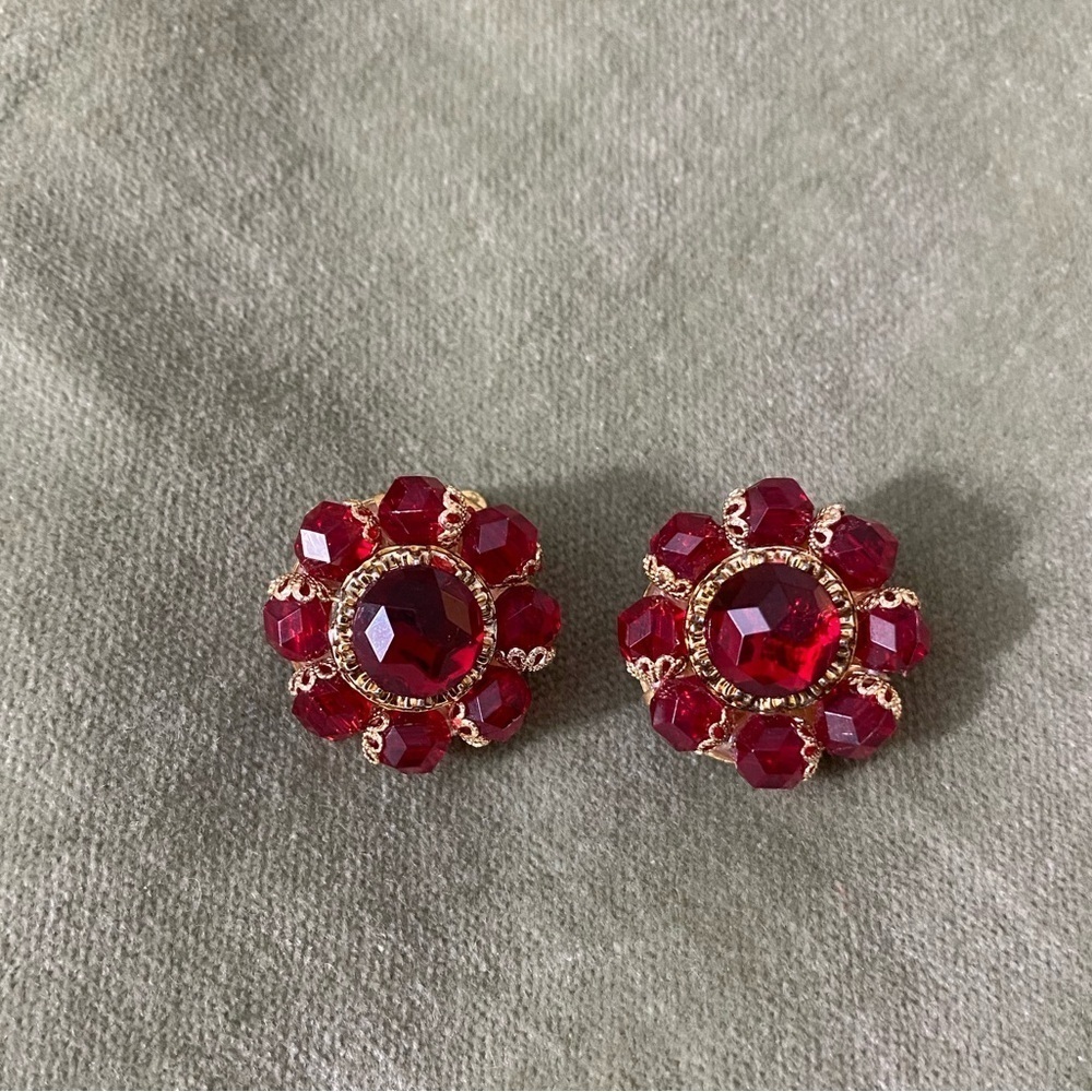 Vintage earrings faux ruby gemstones set in gold. Stamped Western Germany #12-40